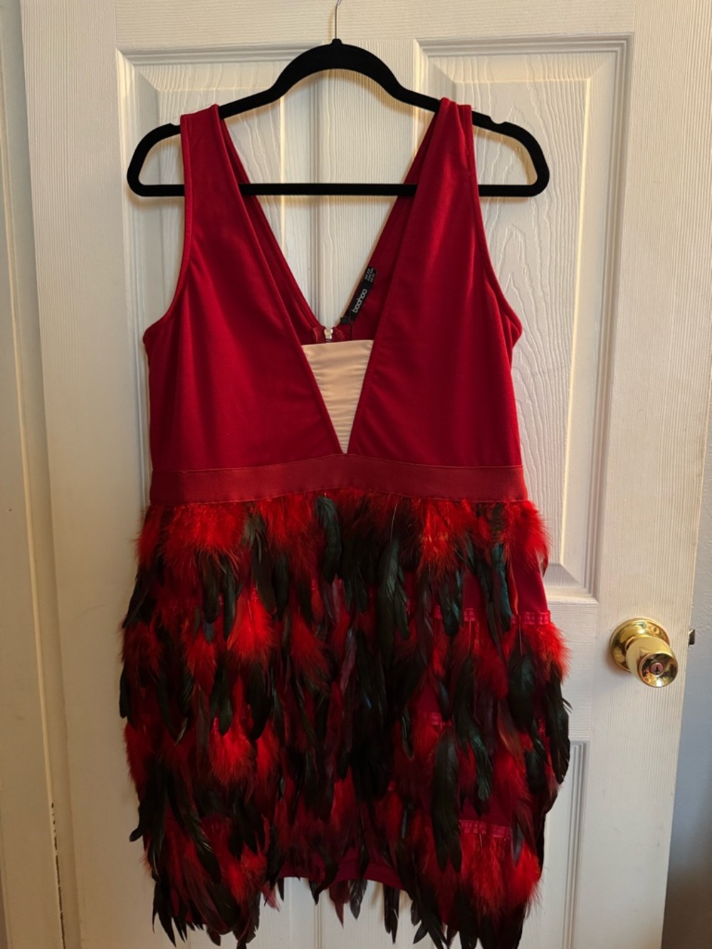 Boohoo Red V-Neck Feather-Trim Mini Dress